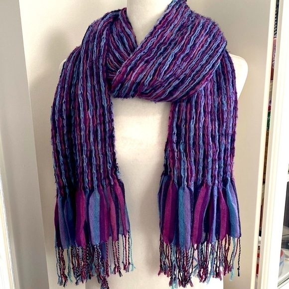 Purple Pink Colorful Stripe Bohemian Whimsical Feminine Tassels Detail Scarf - Picture 1 of 16